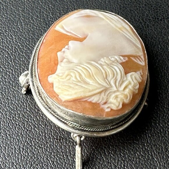 VTG Cameo‎ Shell Pendant Brooch 1 3/8" Victorian Lady 800 Fine Silver Italy MCM - Picture 7 of 12